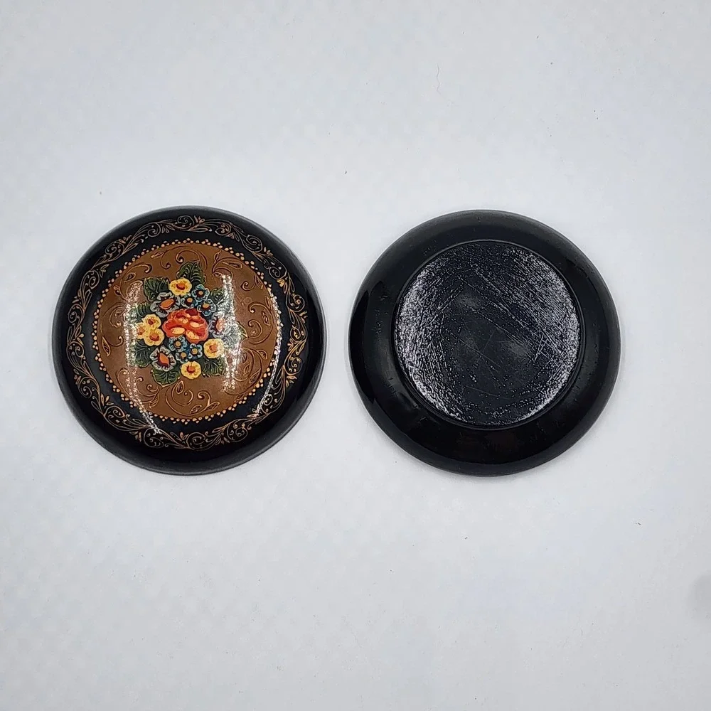 Vintage Russian Lacquer Floral Trinket Box Hand Painted Round 3